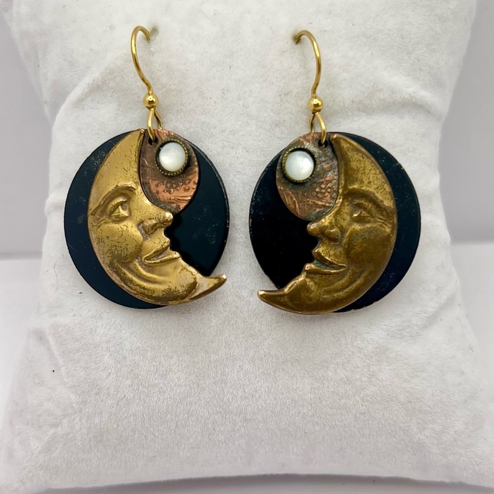 Vintage Gold and Black Moon Face Earrings with Pearl Accent - Picture 3 of 4